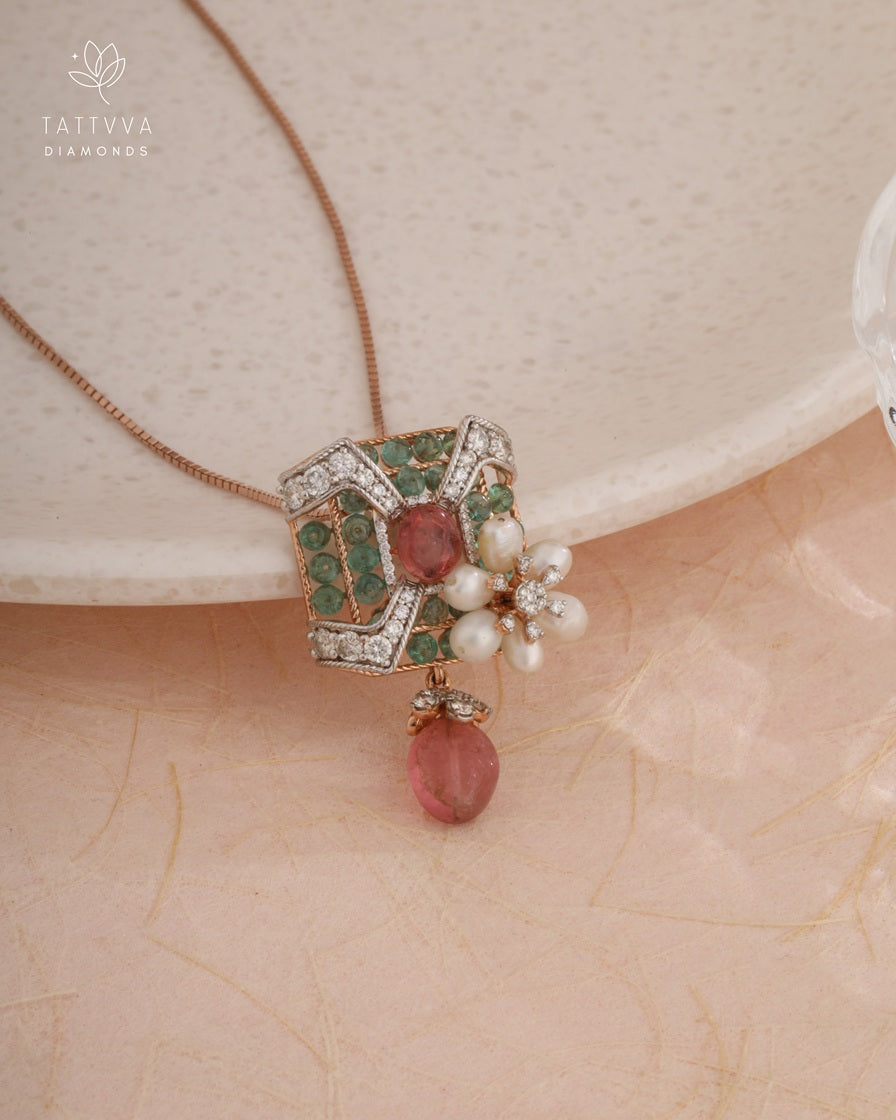 Elegant necklace with gemstones and pearls on a textured surface, featuring Tattvva Diamonds branding.